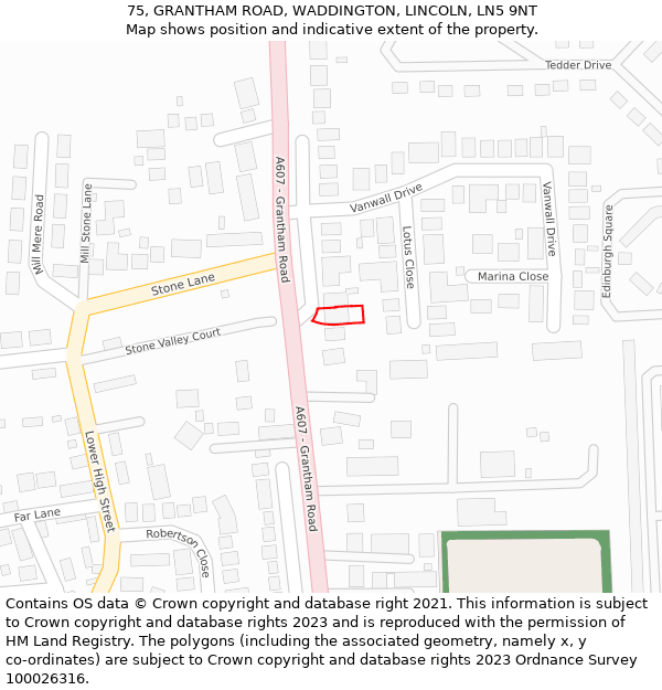 75, GRANTHAM ROAD, WADDINGTON, LINCOLN, LN5 9NT: Location map and indicative extent of plot