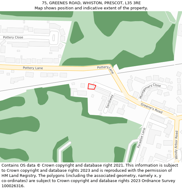 75, GREENES ROAD, WHISTON, PRESCOT, L35 3RE: Location map and indicative extent of plot