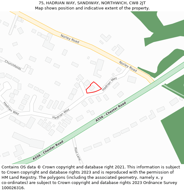 75, HADRIAN WAY, SANDIWAY, NORTHWICH, CW8 2JT: Location map and indicative extent of plot