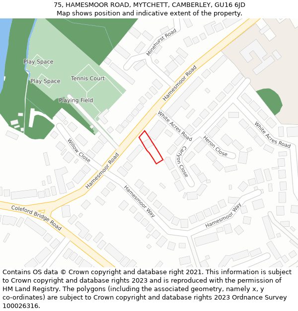 75, HAMESMOOR ROAD, MYTCHETT, CAMBERLEY, GU16 6JD: Location map and indicative extent of plot