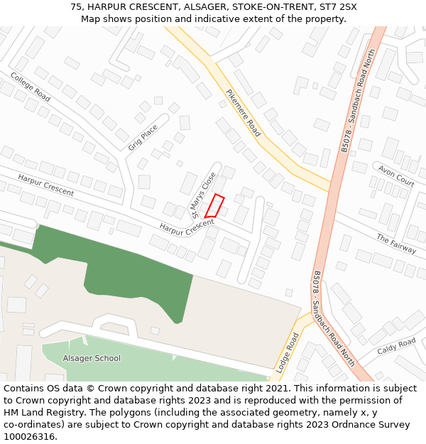 75, HARPUR CRESCENT, ALSAGER, STOKE-ON-TRENT, ST7 2SX: Location map and indicative extent of plot