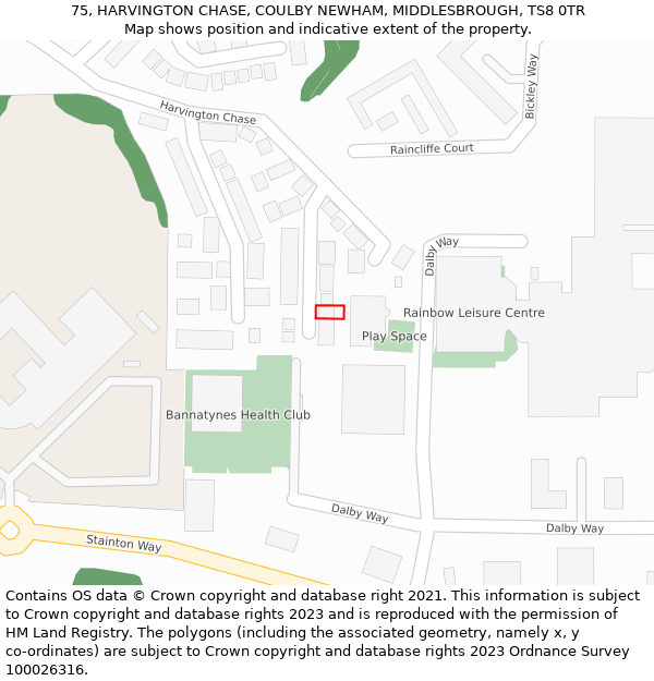 75, HARVINGTON CHASE, COULBY NEWHAM, MIDDLESBROUGH, TS8 0TR: Location map and indicative extent of plot