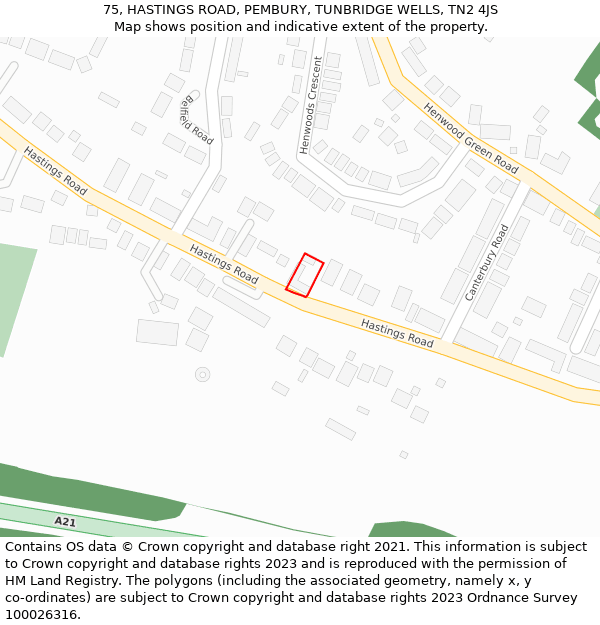 75, HASTINGS ROAD, PEMBURY, TUNBRIDGE WELLS, TN2 4JS: Location map and indicative extent of plot