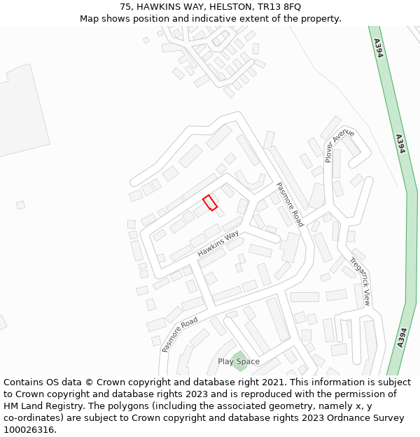 75, HAWKINS WAY, HELSTON, TR13 8FQ: Location map and indicative extent of plot