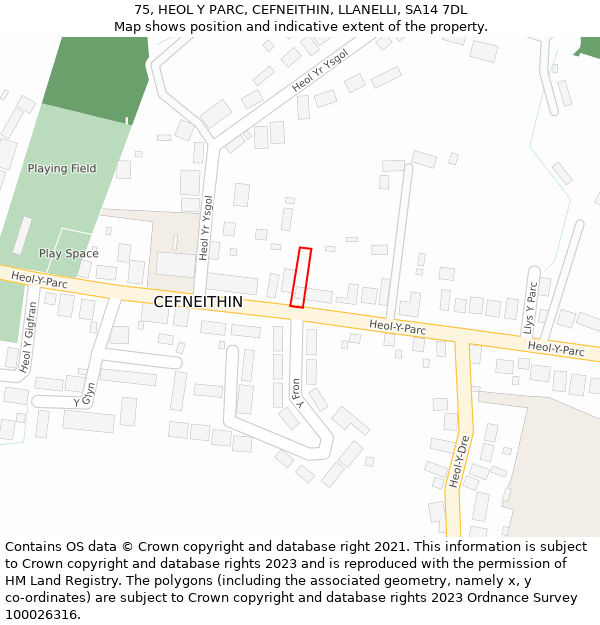 75, HEOL Y PARC, CEFNEITHIN, LLANELLI, SA14 7DL: Location map and indicative extent of plot