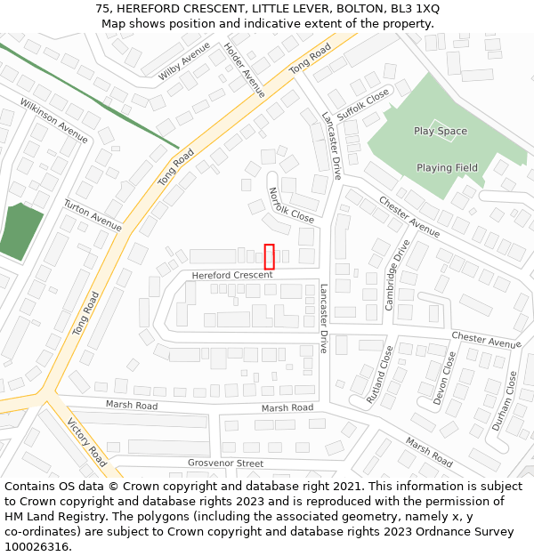 75, HEREFORD CRESCENT, LITTLE LEVER, BOLTON, BL3 1XQ: Location map and indicative extent of plot