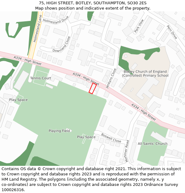 75, HIGH STREET, BOTLEY, SOUTHAMPTON, SO30 2ES: Location map and indicative extent of plot