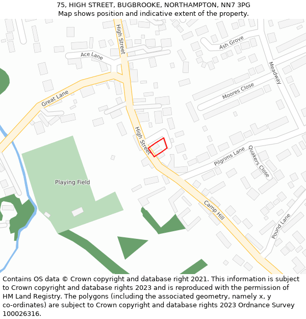 75, HIGH STREET, BUGBROOKE, NORTHAMPTON, NN7 3PG: Location map and indicative extent of plot