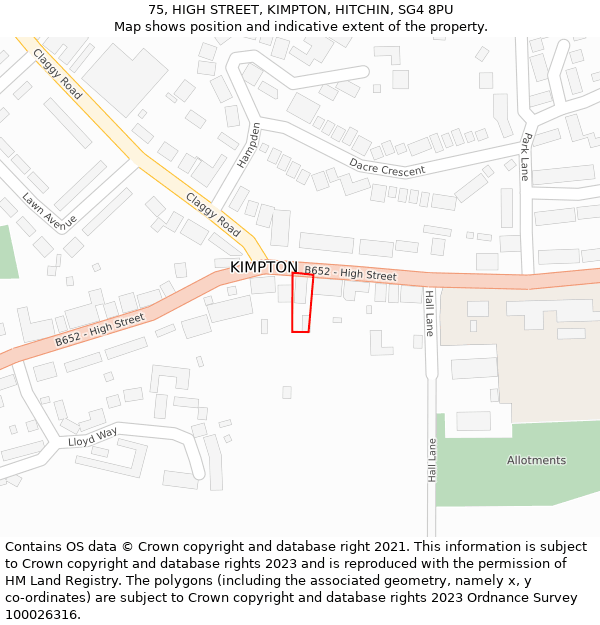 75, HIGH STREET, KIMPTON, HITCHIN, SG4 8PU: Location map and indicative extent of plot