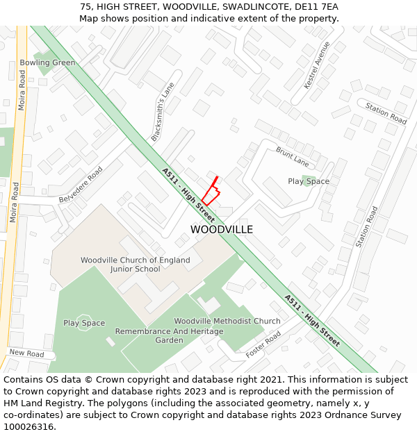 75, HIGH STREET, WOODVILLE, SWADLINCOTE, DE11 7EA: Location map and indicative extent of plot