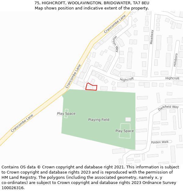 75, HIGHCROFT, WOOLAVINGTON, BRIDGWATER, TA7 8EU: Location map and indicative extent of plot