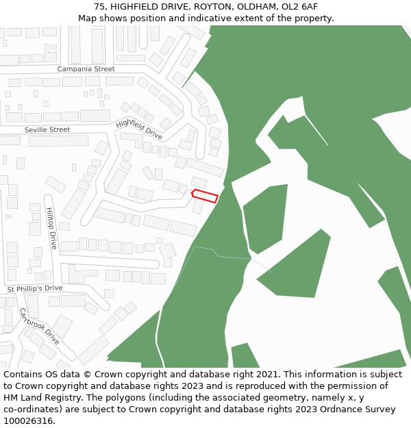 75, HIGHFIELD DRIVE, ROYTON, OLDHAM, OL2 6AF: Location map and indicative extent of plot