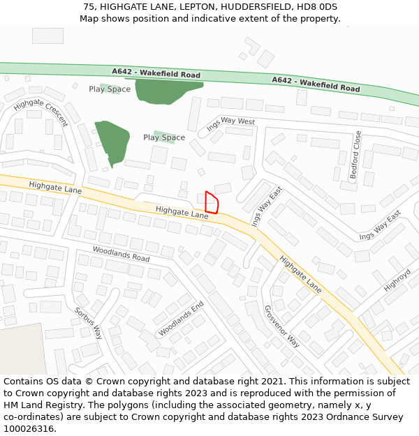 75, HIGHGATE LANE, LEPTON, HUDDERSFIELD, HD8 0DS: Location map and indicative extent of plot