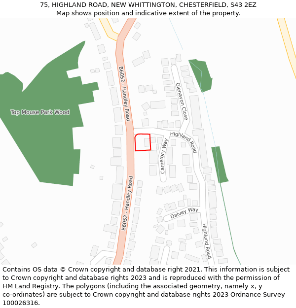 75, HIGHLAND ROAD, NEW WHITTINGTON, CHESTERFIELD, S43 2EZ: Location map and indicative extent of plot