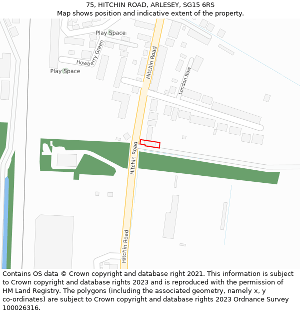 75, HITCHIN ROAD, ARLESEY, SG15 6RS: Location map and indicative extent of plot