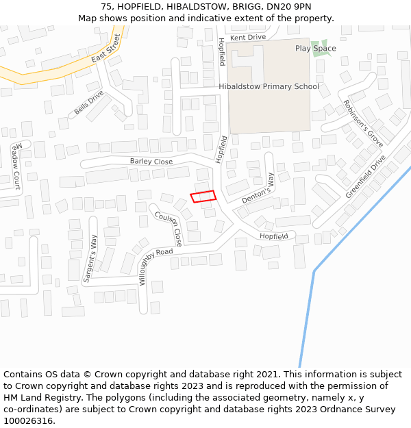 75, HOPFIELD, HIBALDSTOW, BRIGG, DN20 9PN: Location map and indicative extent of plot