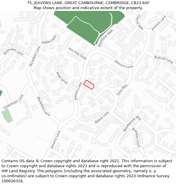 75, JEAVONS LANE, GREAT CAMBOURNE, CAMBRIDGE, CB23 6AF: Location map and indicative extent of plot