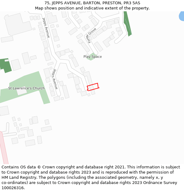 75, JEPPS AVENUE, BARTON, PRESTON, PR3 5AS: Location map and indicative extent of plot