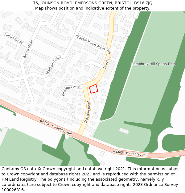 75, JOHNSON ROAD, EMERSONS GREEN, BRISTOL, BS16 7JQ: Location map and indicative extent of plot
