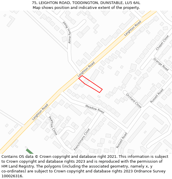 75, LEIGHTON ROAD, TODDINGTON, DUNSTABLE, LU5 6AL: Location map and indicative extent of plot