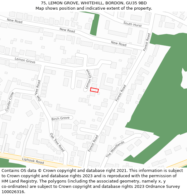 75, LEMON GROVE, WHITEHILL, BORDON, GU35 9BD: Location map and indicative extent of plot