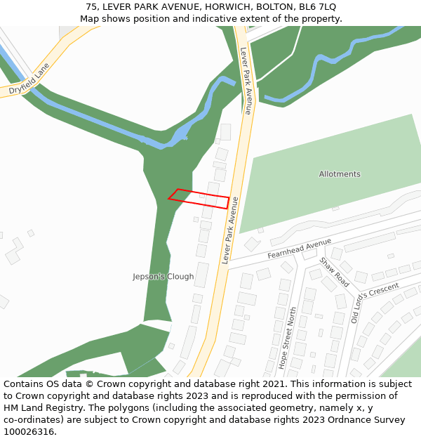75, LEVER PARK AVENUE, HORWICH, BOLTON, BL6 7LQ: Location map and indicative extent of plot
