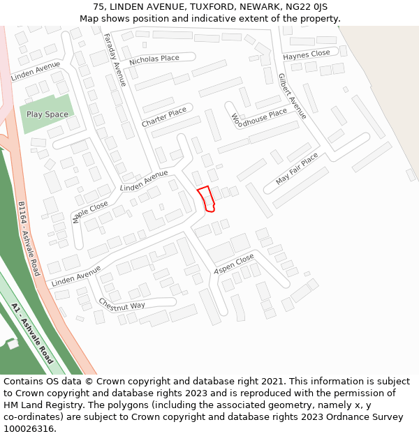 75, LINDEN AVENUE, TUXFORD, NEWARK, NG22 0JS: Location map and indicative extent of plot