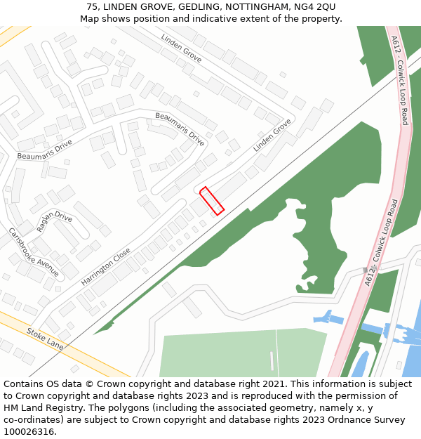 75, LINDEN GROVE, GEDLING, NOTTINGHAM, NG4 2QU: Location map and indicative extent of plot