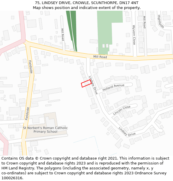 75, LINDSEY DRIVE, CROWLE, SCUNTHORPE, DN17 4NT: Location map and indicative extent of plot