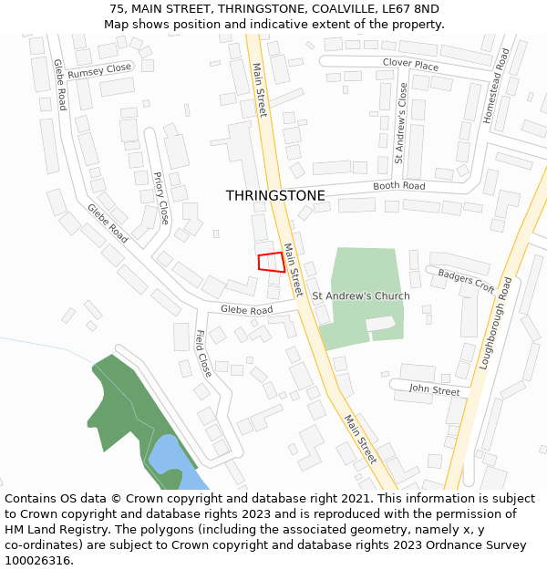 75, MAIN STREET, THRINGSTONE, COALVILLE, LE67 8ND: Location map and indicative extent of plot