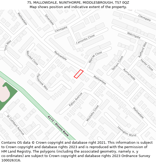 75, MALLOWDALE, NUNTHORPE, MIDDLESBROUGH, TS7 0QZ: Location map and indicative extent of plot