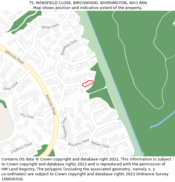 75, MANSFIELD CLOSE, BIRCHWOOD, WARRINGTON, WA3 6RN: Location map and indicative extent of plot