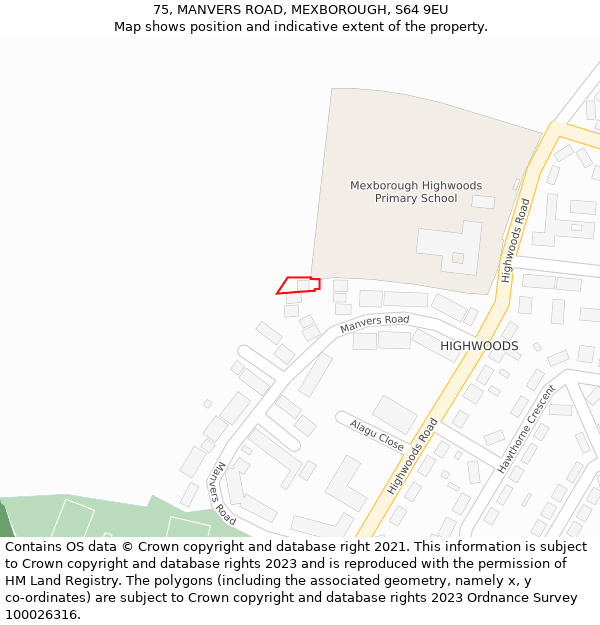 75, MANVERS ROAD, MEXBOROUGH, S64 9EU: Location map and indicative extent of plot