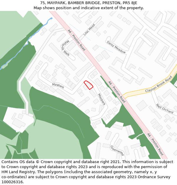 75, MAYPARK, BAMBER BRIDGE, PRESTON, PR5 8JE: Location map and indicative extent of plot