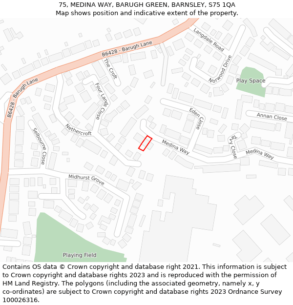 75, MEDINA WAY, BARUGH GREEN, BARNSLEY, S75 1QA: Location map and indicative extent of plot