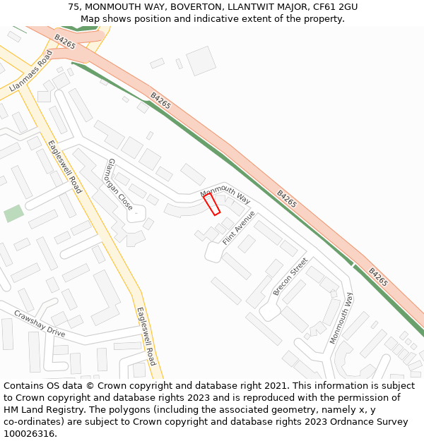 75, MONMOUTH WAY, BOVERTON, LLANTWIT MAJOR, CF61 2GU: Location map and indicative extent of plot