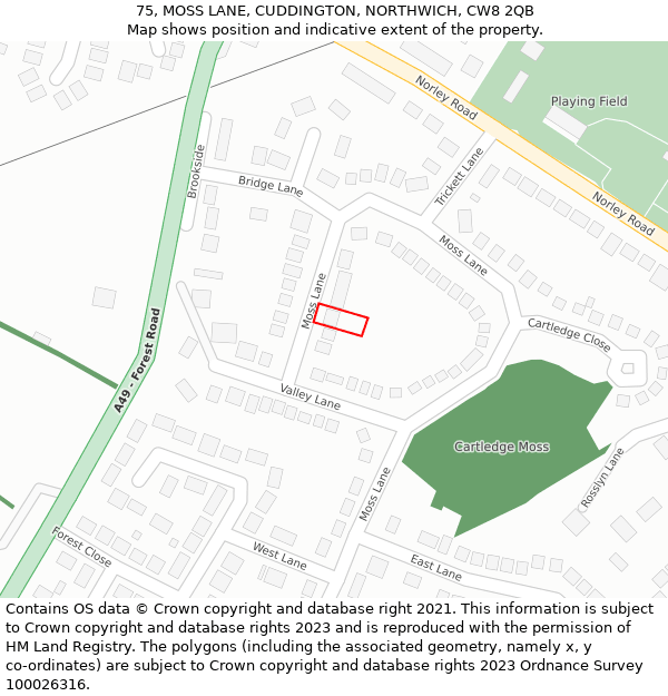 75, MOSS LANE, CUDDINGTON, NORTHWICH, CW8 2QB: Location map and indicative extent of plot