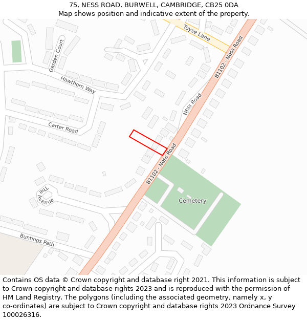 75, NESS ROAD, BURWELL, CAMBRIDGE, CB25 0DA: Location map and indicative extent of plot