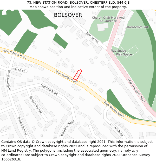 75, NEW STATION ROAD, BOLSOVER, CHESTERFIELD, S44 6JB: Location map and indicative extent of plot