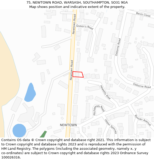 75, NEWTOWN ROAD, WARSASH, SOUTHAMPTON, SO31 9GA: Location map and indicative extent of plot