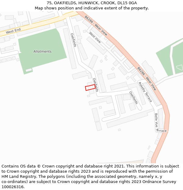 75, OAKFIELDS, HUNWICK, CROOK, DL15 0GA: Location map and indicative extent of plot