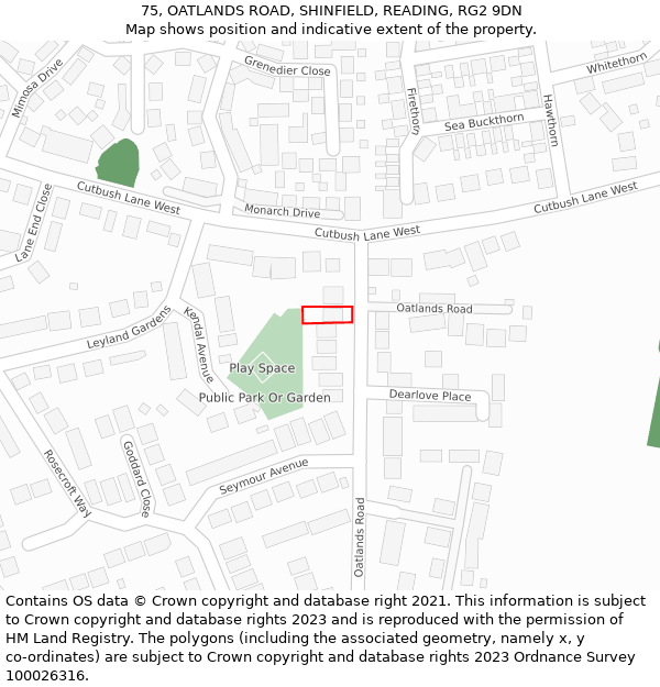 75, OATLANDS ROAD, SHINFIELD, READING, RG2 9DN: Location map and indicative extent of plot