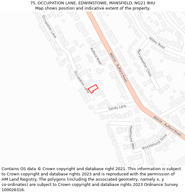 75, OCCUPATION LANE, EDWINSTOWE, MANSFIELD, NG21 9HU: Location map and indicative extent of plot