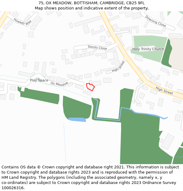 75, OX MEADOW, BOTTISHAM, CAMBRIDGE, CB25 9FL: Location map and indicative extent of plot