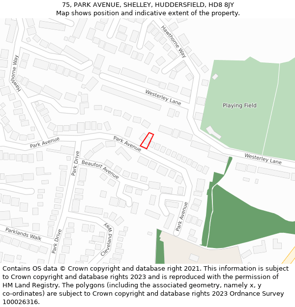 75, PARK AVENUE, SHELLEY, HUDDERSFIELD, HD8 8JY: Location map and indicative extent of plot