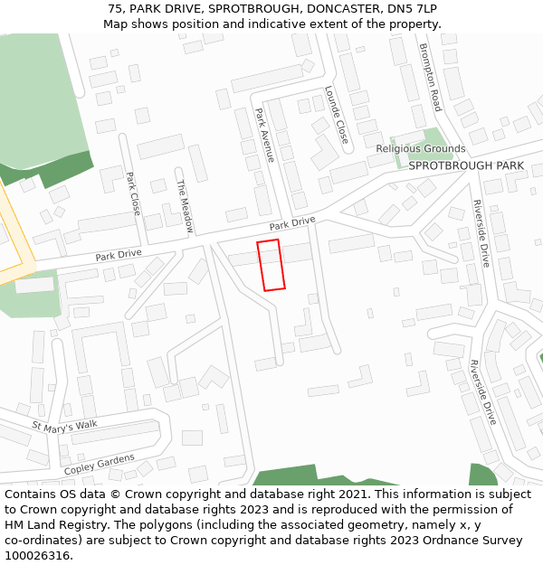 75, PARK DRIVE, SPROTBROUGH, DONCASTER, DN5 7LP: Location map and indicative extent of plot