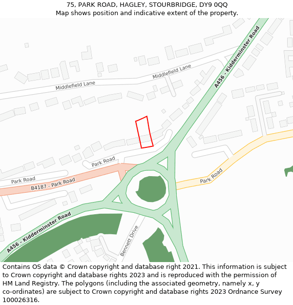 75, PARK ROAD, HAGLEY, STOURBRIDGE, DY9 0QQ: Location map and indicative extent of plot