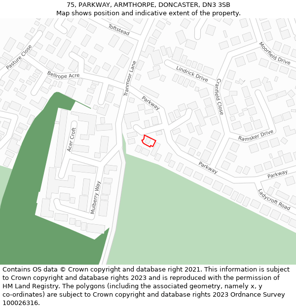 75, PARKWAY, ARMTHORPE, DONCASTER, DN3 3SB: Location map and indicative extent of plot