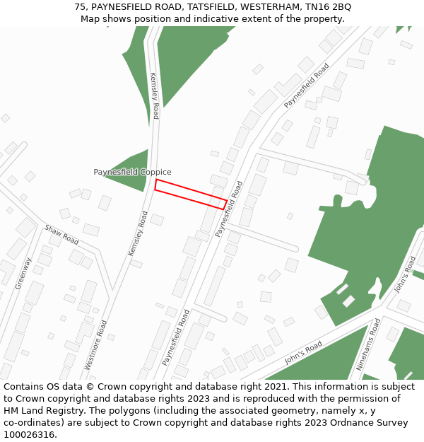 75, PAYNESFIELD ROAD, TATSFIELD, WESTERHAM, TN16 2BQ: Location map and indicative extent of plot