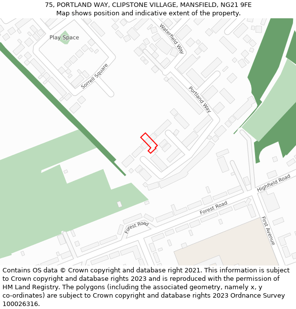 75, PORTLAND WAY, CLIPSTONE VILLAGE, MANSFIELD, NG21 9FE: Location map and indicative extent of plot